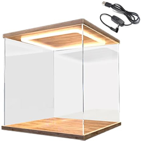 Vitrina Expositora Vitrina de Acrílico Transparente Iluminada, Caja de Almacenamiento para Encimera con Base de Madera y Plástico, Gabinete de Recolección de 10 15 20 25 30 35 40 50 60 Cm de Largo(15x