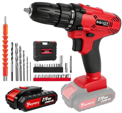 21V 29pcs Cordless Drill Set, Electric Power Drill with 1 Battery, 3/8'' Keyless Chuck, 45Nm, 25+1 Torque, 2 Variable Speeds & LED for Home and Garden DIY (Red)