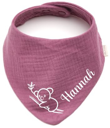 Personalisiertes Dreieckshalstuch aus Baumwolle/Musselin | Koala mit Namen | Halstuch für Jungen, Mädchen | Viele Farben (Purpur)
