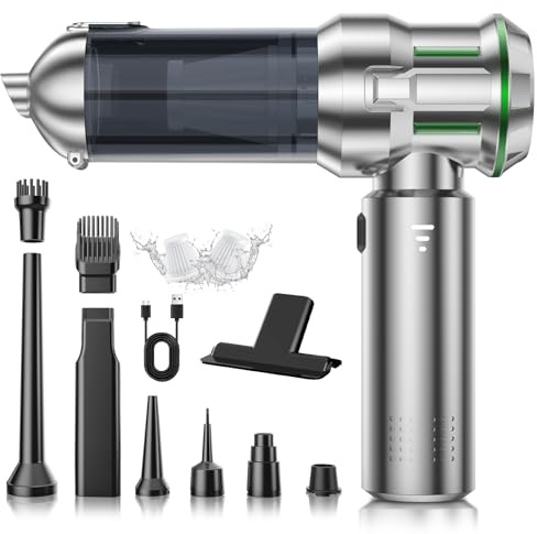 Aspirador de Mano, 22000Pa Aspiradora sin Cable Coche 4 en 1 con Descarga de Polvo Automática con un Toque, Motor sin Escobillas, 3 Niveles de Succión, para Casa/Coche/Pelo de Mascota, Plata Verde