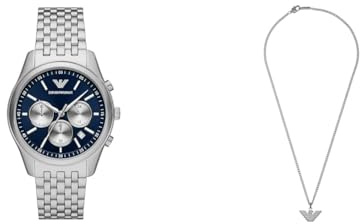 Emporio Armani Herren Silberfarbene Edelstahl Uhr und Halskette, Set