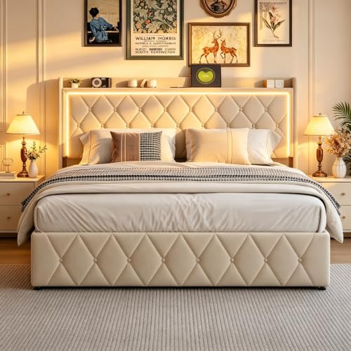 FOERPL Bett mit Bettkasten, 140 x 200 cm mit LED, gepolstertes Bett mit Stauraum, Doppelbett mit LED, Bettgestell mit Samt-Kopfteil, gepolstertes Bett mit Lattenrost aus Holz, ohne Matratze (E Beige