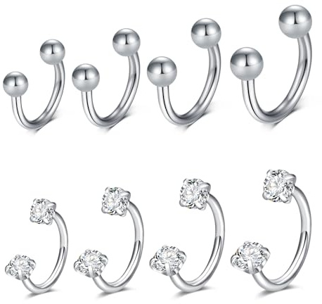 Fundeedrr - Set di 8 piercing a ferro di cavallo, in acciaio inox con zircone, 16G, 6/8/10/12 mm, per setto, labbro, naso, trago, labret, piercing per labbra e naso, nero, oro, argento, oro rosa, 6mm