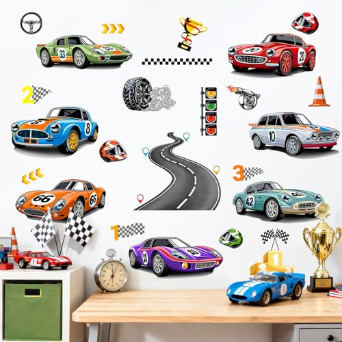 Tanlaby Racing Car Wall Decals Roads Vehicles Wall Stickers Vinyl Removable Wall Art for Boys Bedroom Kids Room Toddles Playroom Decor Gift
