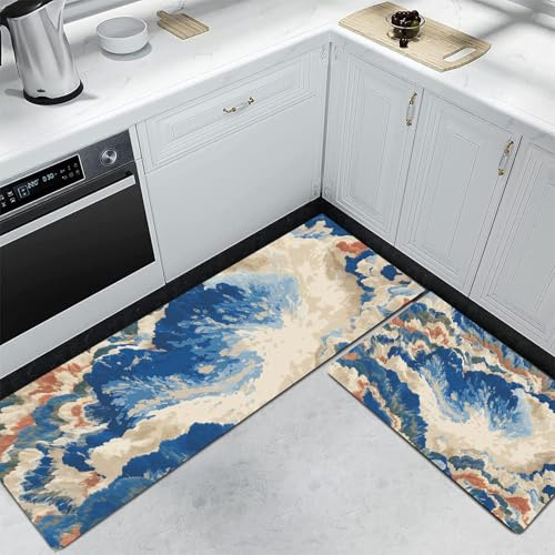 MULERN Alfombra de Cocina Antideslizante, Durable Anti-Fatiga, Corredor de Pasillo Expresionismo Abstracto Lavable, Set de Alfombras de Cocina Montañas Olas para Puerta, 50x80cm+50x150cm