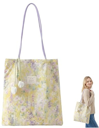 RhiVrillion Borsa Tote Bag Donna in Tela con Stampato Floreale e Ciondolo Fiore | Shopper Grande per Spiaggia, Shopping, Viaggi | Borsa in Tela Elegante e Regalo Adatto per Donne