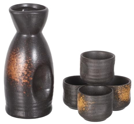Homoyoyo Ensemble de Saké Japonerie en Céramique 1 Carafe Grosse Taille Jaune Jade 4 Tasses Service à Saké Chaud Traditionnel pour Maison et Restaurant Récipient à Vin