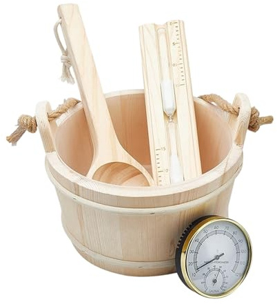 Set di accessori per sauna Cucchiaio Secchio in Legno con Manico Lungo Termometri Sauna Igrometro Clessidre Timer Enduring Botti di legno con Manico in Corda Mestolo Clessidre