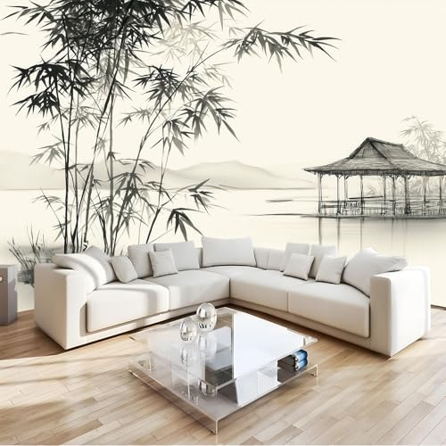 Carta da Parati Fotomurale XXL 250 x 175 cm, Bianco Crema Poster Murale 3D in Tessuto Non Tessuto per Parete TV Corridoio e Soggiorno, Decorazione Interni Minimalismo Paesaggio Bambù Padiglioni