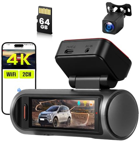 Inefala 4K Dashcam bil, dubbel 4K Dashcam bil fram bak, IPS 3,2 tum bilkamera kort 64 GB vidvinkel nattseende wifi G-sensor loop inspelningskontroll via app