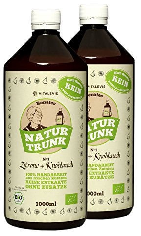 OHNE Konservierungsstoffe! Bio! Renates NaturTrunk Nr. 1 Zitrone + Knoblauch, 2 x 1000ml in PET-Flaschen, DE-ÖKO-006, handwerklich hergestellt in kleinen Stückzahlen mit von Hand geschältem Knoblauch.