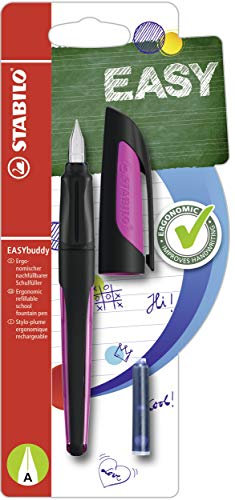 STABILO - Schulfüller mit Anfänger-Feder A - EASYbuddy in schwarz/magenta - blau (löschbar) - inkl. Patrone