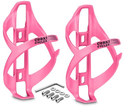 corki Cycles Bike Water Bottle Holder Right Side Load Water Bottle Cage for Road, MTB, Gravel Bicycles Magenta Pink 2 Pack
