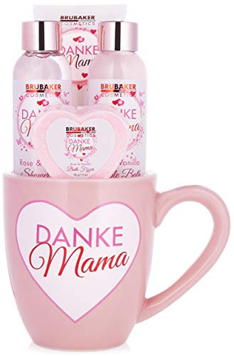 BRUBAKER Cosmetics - Thank you Mum - Spa Gift Box - Bath and Shower Set for Moms - Roses and Vanilla - in Mug with Heart Decor - 5 Pcs