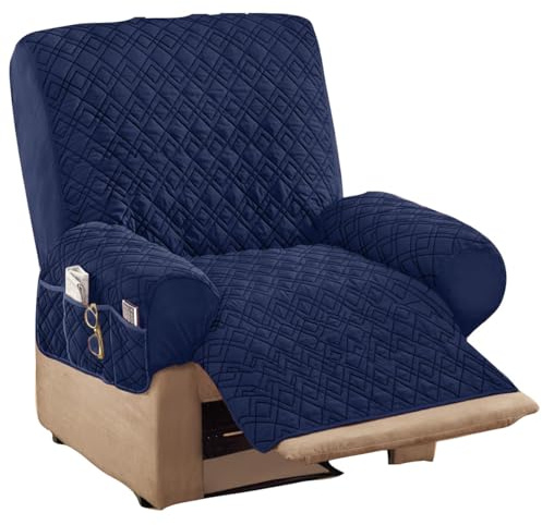 Collections Etc Diamond-Shape Quilted Stretch Recliner Cover with Storage Pockets and Elastic Straps - Furniture Protector