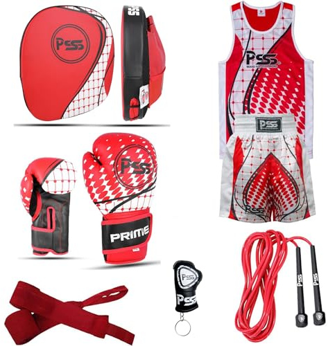 Kids boxing 6 PCS Red set uniform top & short 1022 boxing gloves 1113 focus pad rope wrap key ring Professional Training accessories kit for MMA Muay thai kickboxing - 6OZ (1113 Red, 9-10 Year)