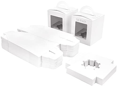 BELLE VOUS 50Stk Weiße Geschenkboxen Pappe Karton mit Sichtfenster und Griff für Gebäck 9,39 x 9,39 x 10,66cm Karton mit Fenster – Cupcake Geschenkbox Einweg Box für Kekse, Kuchen, Dessert, Geschenk