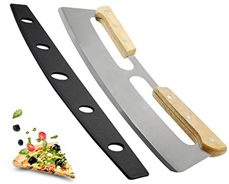 SagaSave Pizzaschneider - Vielseitig Einsetzbares Wiegemesser mit edlem Griff aus Eichenholz - Pizzamesser mit sicherem Holzgriff Multifunktions-Küchenschneider für Pizzateig 35x11 x1,8cm