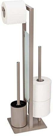 WENKO Stand Rivalta - Scopino WC autoportante con scopino, porta rotolo di carta igienica e di ricambio, in acciaio laccato opaco, divisorio in vetro di sicurezza, 18 x 70 x 23 cm, tortora/nero