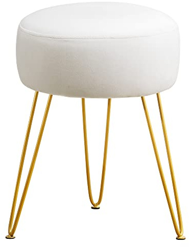 LUE BONA Vanity Stool, White Vanity Stools for Makeup Room, Round Ottoman Foot Stool, Velvet Footrest Vanity Chair for Bathroom Vanity, Bedroom, Living Room, Entryway, Offices