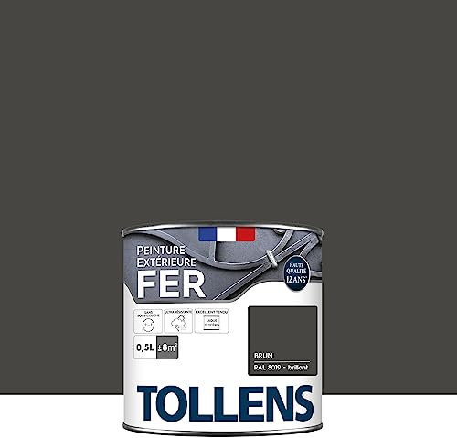 Tollens - Peinture extérieure fer 2 en 1 - Ultra Résistante - Protection antirouille - Laque Riche en Résine - Sans Sous-Couche - Entretien Facile - Brillant - Brun - 0,5L = 8m2