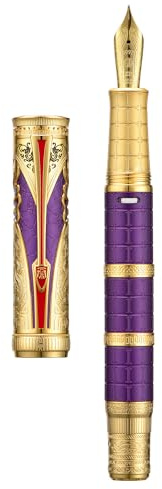 HONG DIAN D5 - Pluma estilográfica Qin Dynasty Oro púrpura, pluma de relleno de pistón de punta extrafina, bolígrafo de escritura suave de grabado de tótem chino retro con juego de caja de bolígrafos