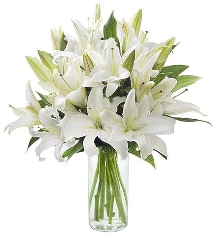 KaBloom - Pure Love Bouquet of Fresh White Lilies with Vase - Fresh Flowers for Birthday, Valentine's & Mother's Day