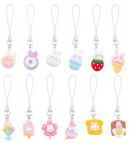 GOMAKERER 12 Stück 12 Stile Kaninchen-Handyanhänger, Niedliche Harz-Handy-Charms Riemen Hase Handy-Charms Schnur Cartoon-Handyhülle, Zubehör Zur Dekoration
