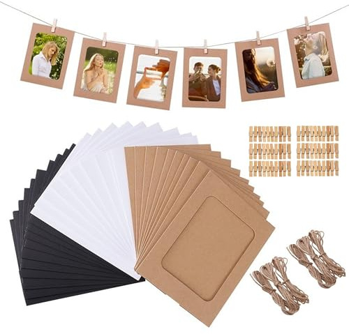 SXCCNW Papier Bilderrahmen, 60 Stücke Kraftpapier Bilderrahmen mit 60 Stücke Mini-Holzklammern und 60 Stücke Hanfseilen, DIY Kraftpapier Bilderrahmen Hängende für Zuhause Schule Büro Wand Dekoration