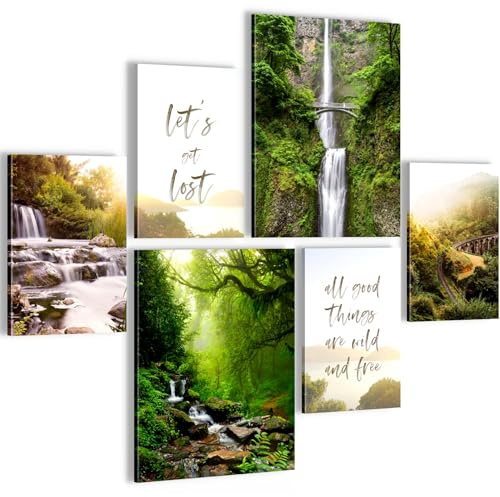 Novart Wandbilder Set Wald Wasserfall Grün - KEIN EXTRA RAHMEN BENÖTIGT - Modern Deko - Wohnzimmer Schlafzimmer Flur N033963a