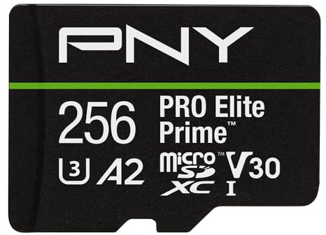 PNY Tarjeta microSDXC 256GB Pro Elite Prime Class 10 U3 V30 A2 + Adaptador SD - hasta 200MB/s, Class 10, U3, V30, A2, 4K UHD, Full HD, UHS-I