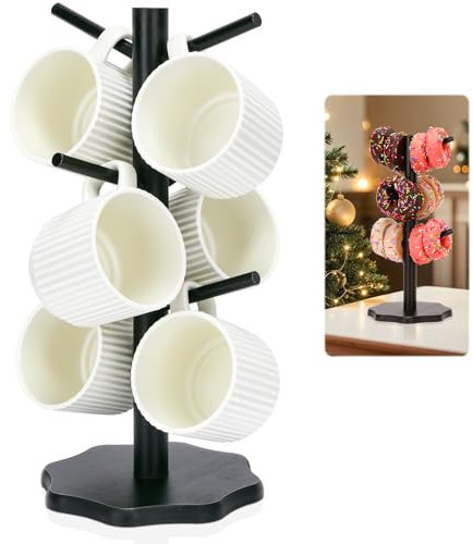 Euqvunn Mug Tree 6 Mugs, Wooden Cup Holder Black Mug Stand with Thickened Base, Kitchen Countertop Mug Tree Coffee Cup Holder Storage Rack with 6 Hooks