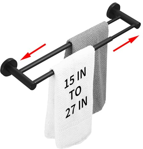 RUMOSE Adjustable Double Bath Towel Bar 15 to 27 Inch Matte Black Retractable Tower Holder Hanger Stainless Steel Expandable Dual Bathroom Tower Racks Bathroom Accessories, Wall Mounted