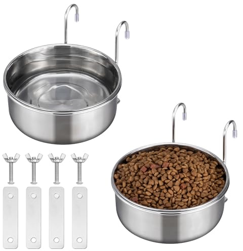 Navaris bur hängande rostfritt stål 14 cm (5,5 tum) skålset med 2 – hållbar och rostbeständig – klämma på djurburen mat och vattenskål – inget spill metall hundskålar – för valpar katter med mera