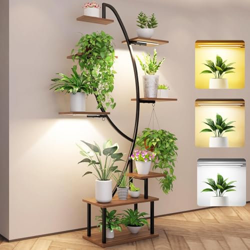 Zekoled Plant Stand Indoor with Grow Lights, 8 Tiered 65 Tall Metal Plants Shelf, 3 Color Mode Full-spectrum LED, Half-Moon Shaped with Cable Ties & Safe Straps for Living Room, Patio
