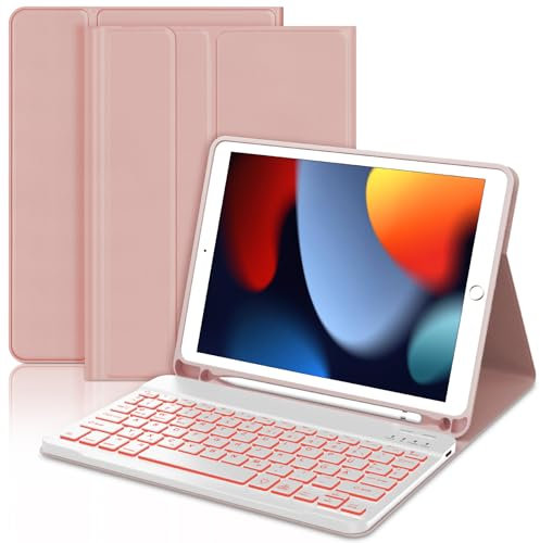 JADEMALL Für iPad 6. Generation Hülle mit Tastatur, Abnehmbare Bluetooth Tastatur mit 7-Farben Backlight für iPad 5./6. Gen, Pro 9.7, Air 1 & 2, QWERTZ Deutsch – Roségold