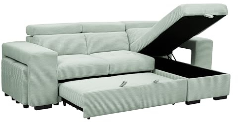 Home Detail Caitlin Corner Sofa, Sofa Bed, Storage Chaise, Green Jumbo Cord | Reversible Chaise, Hidden Storage, Adjustable Headrests, 2 Matching Footstools, Pull Out Sofa Bed Function