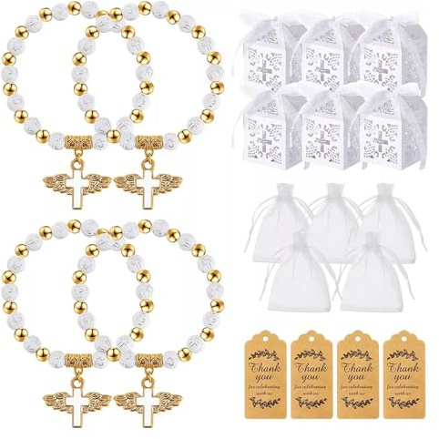 Buithafu Taufgeschenk-Set für 20 Gäste mit Rosenkranz-Armbändern | Je 20 Taufboxen, Organza-Beutel und Anhänger mit Engelmotiv