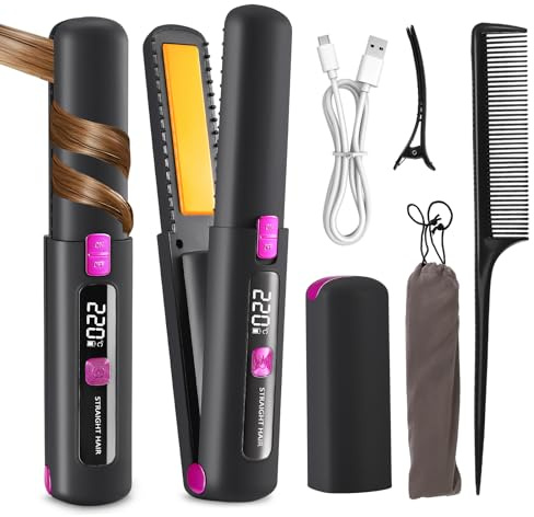 Cordless Hair Straighteners and Curler, 2 in 1 Mini Portable Flat Iron and Curler with LED Display and 7 Temperature, USB Rechargeable,Fast Heating Wireless Curling Iron, Travel Straightener for Women