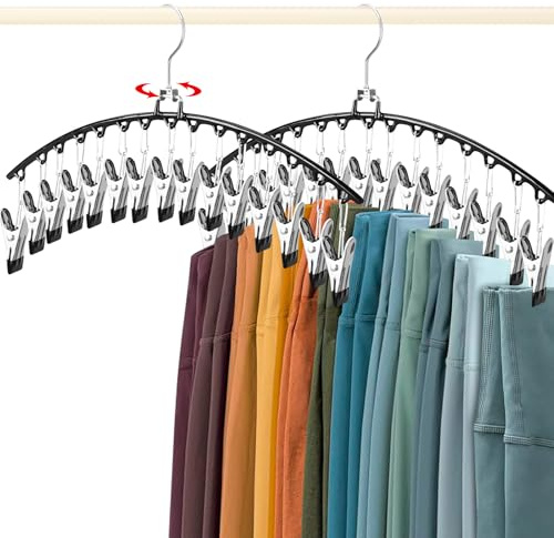 2 PCS Leggings Organizer for Closet Hanging, 360° Swivel Hook Trouser Hangers with 30 Clips Holds 30pcs Shorts/Skirts/Hats, Space Saving Pants Hangers, Closet Organizers and Storage