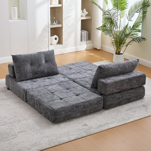 Lexiou Klappbares Schlafsofa, Schlafsofa mit Kissen, Faltbare Matratze mit Rückenlehne, tragbares Klappsofa, bequemes Bodensofa für Wohnzimmer und Schlafzimmer (Grau)