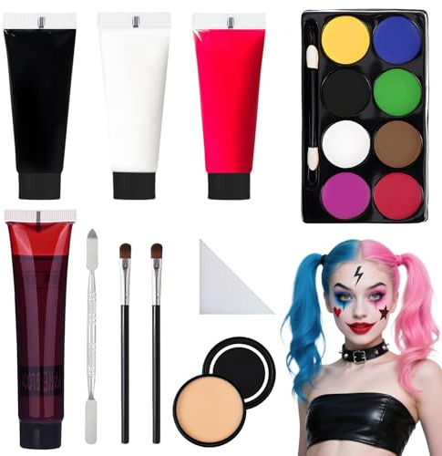 Halloween Schminke Set,Schwarz Weiß Rot Theaterschminke,8 Farben Schminke Gesichts Make up,Gesicht Körperfarbe mit Fake Blood Narbenwachs,Halloween Gesichtsfarbe für Zombies Vampire Cosplay