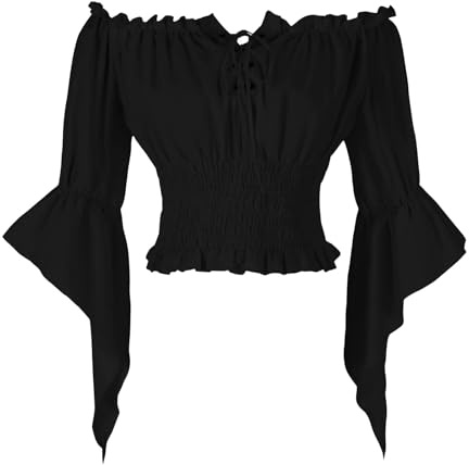 GMQWRK Women's Peasant Blouse Ruffle Short Sleeve Tie Front Cropped Tops Off Shoulder Smocked Waist Shirts Vintage Renaissance Oversized Top for Cosplay Party Casual Everyday Daily Wear Black