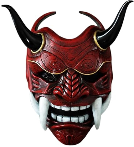 Xweptuy Masque Oni, Masque Hannya Japonais Effrayant en Latex avec et Corne de bœuf, Masques de Diable d'horreur 11 x 9, 5 pour Halloween, Mascarade, Accessoires Cosplay, Rouge