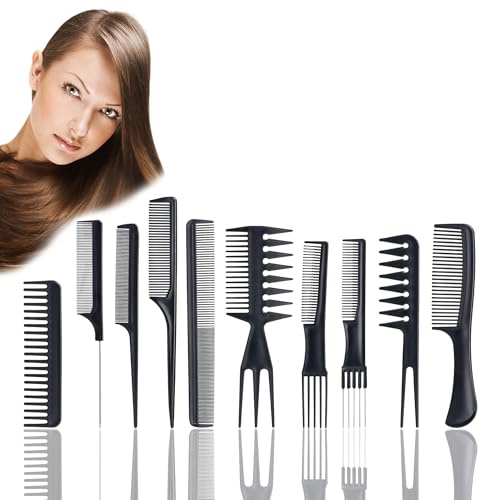 Lot de 10 Peignes Coiffure – Set Professionnel, Afro Pick, Queue Fine, Dents Larges & Fines – Kit Haute Qualité pour Homme et Femme, Idéal pour Cheveux Bouclés, Afro, Fins et Épais
