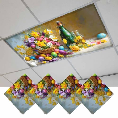 Fluorescent Light Covers, Easter Magnetic Light Covers for Ceiling Lights, Spring Abstract Oil Painting Eggs Wildflowers Fluorescent Ceiling Shade Filters for Classroom Bedroom Office 4x2Ft x 4PCS