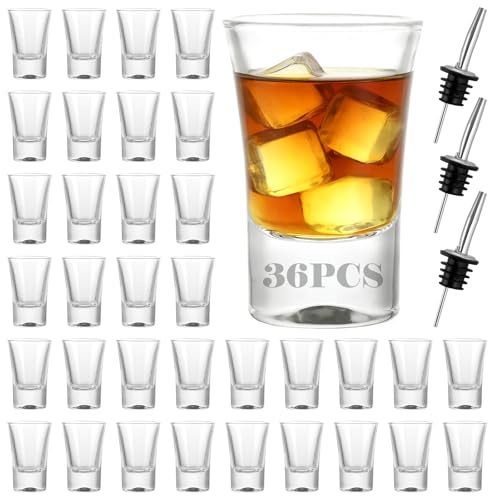 FWEEK Juego de 36 vasos de chupito con 3 boquillas, 20 ml, vasos de cristal para fiestas, gastronomía y celebraciones, elegantes vasos de chupito de 2 cl, aptos para lavavajillas, transparentes