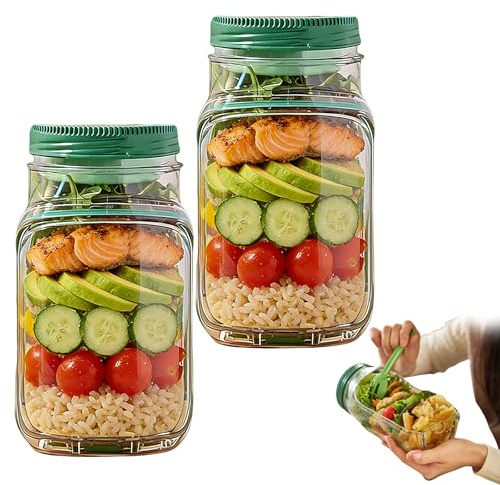 Nocecfi Salad Pod Jar Side Open, Leak Proof Sauce Dressing Case with Lids, Vertical Layering Salads Pod Container Built-in Bowl Design, Reusable Salad Box for Fruit and Lunch (2pcs)