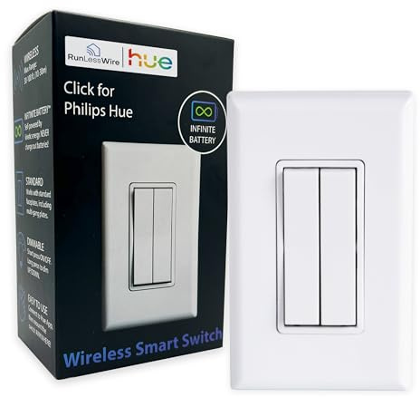 RunLessWire Click for Philips Hue – Battery-Free Wireless Smart Light Switch, 30ft Range – Works Natively with Philips Hue Bridge – Wall Mount Kinetic Switch - Decora Style, White