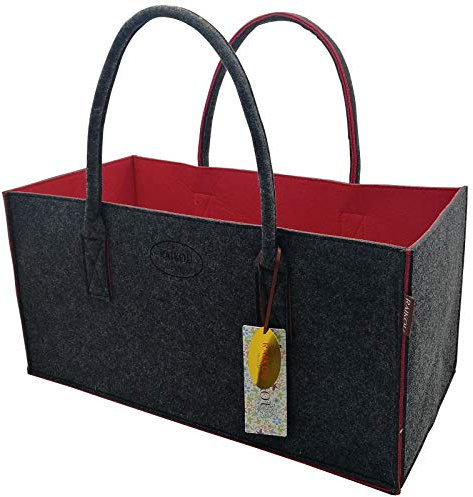 RAIKOU NEU Filztasche Shopper Holzkorb Einkaufstasche Henkeltasche Zeitungskorb Stabile Kaminholztasche Zeitungsständer auch für Spielzeug Garten Picknick Strand (Anthrazit/Rot,50 * 34 * 27cm)